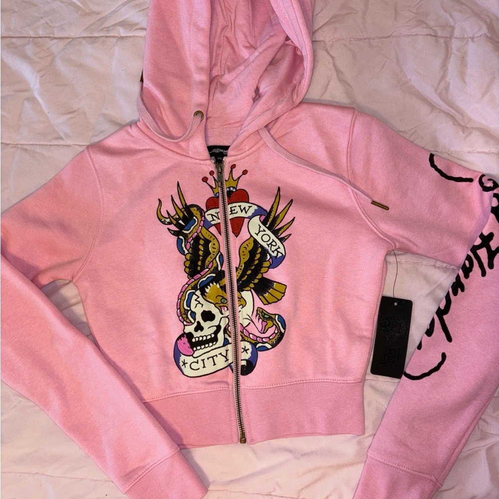Pink cropped zip up Ed Hardy Hoodie